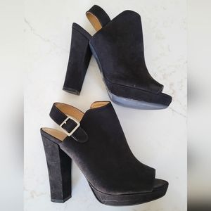 Black faux suede heeled platforms